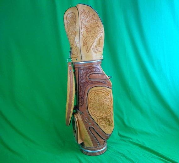 Vintage Retro Tooled Golfer Bag Native Indian Leather Gear Stand Carry Zip Club Head Protective Rain Hood Cover 1970s 1980s Unisex Gift