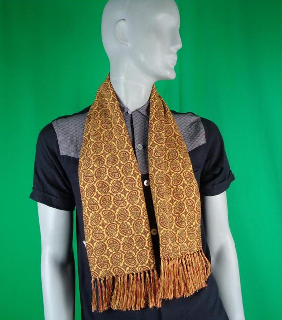 Vintage Paisley Opera Aviator Scarf, 1950s Gold Oxblood Red Fringe Shawl, Yellow Wrap Gift