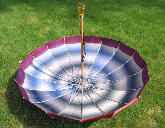 Vintage 1940s-50s Striped Umbrella Parasol Original Box Canopy Rain Accessory Navy Blue Burgundy Red Wedding Party Gift