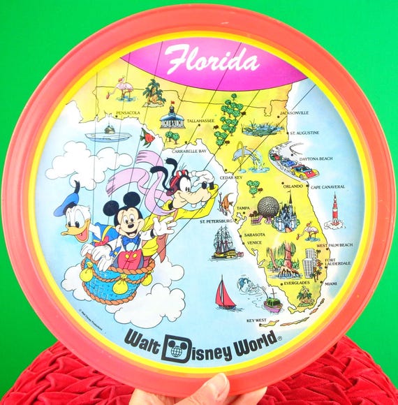 Vintage Retro Florida Walt Disneyland World Metal Serving Tray 60s 70s Home Room Decor Gift Collector Souvenir Keepsake Memorabilia Memento