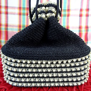 Vintage Retro Black Cord Wristlet Box Purse Handbag Clutch 30s 40s Silver Faux Pearl Stripe Tie Wedding Party Formal Evening Gift Accessorie