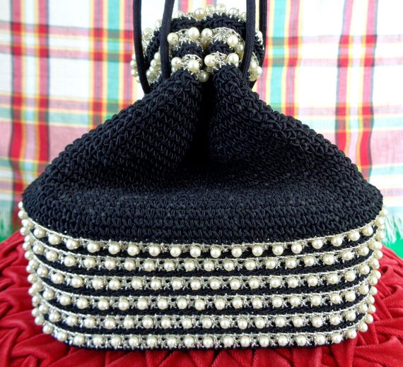 Vintage Retro Black Cord Wristlet Box Purse Handbag Clutch 30s 40s Silver Faux Pearl Stripe Tie Wedding Party Formal Evening Gift Accessorie