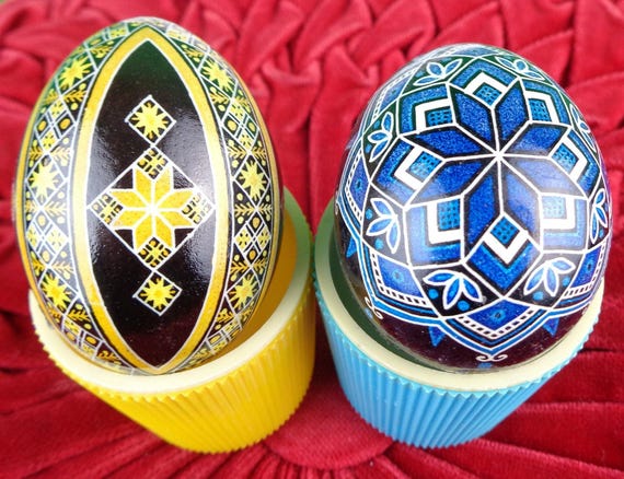 Handmade Painted Egg: Ukrainian Decorative Folk Art Keepsake Memento Blue Center Piece Accent Decor