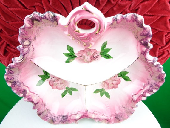 Vintage Retro Decorative Candy Trinket Jewelry Dish 1950s 60s Mid Century Collector Pink Rose Center Piece Home Room Accent Decor Party Gift