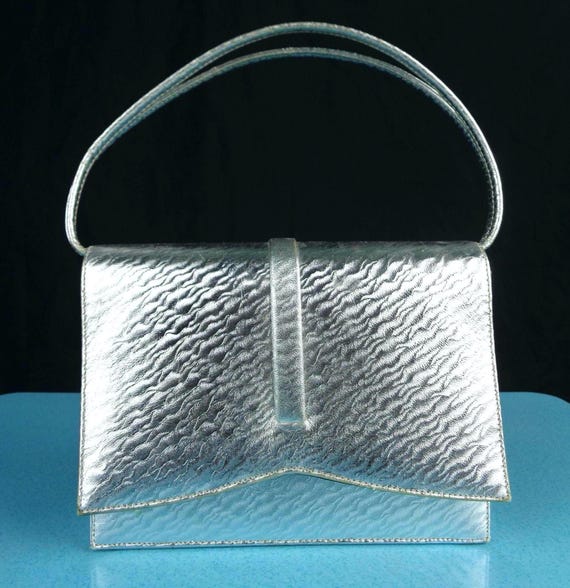 Vintage Retro Silver Metallic Mirror Vinyl Box Purse Top Handle Handbag 1950s 60s Mid Century Wedding Formal Evening Party Gift Accessorize