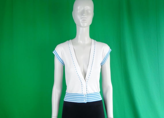 Vintage Retro Handmade Clothing Apparel White Blue Cotton Top Tee Shirt Blouse Short 1970s 1980s XS S Solid Stripe Beach Resort Casual Gift