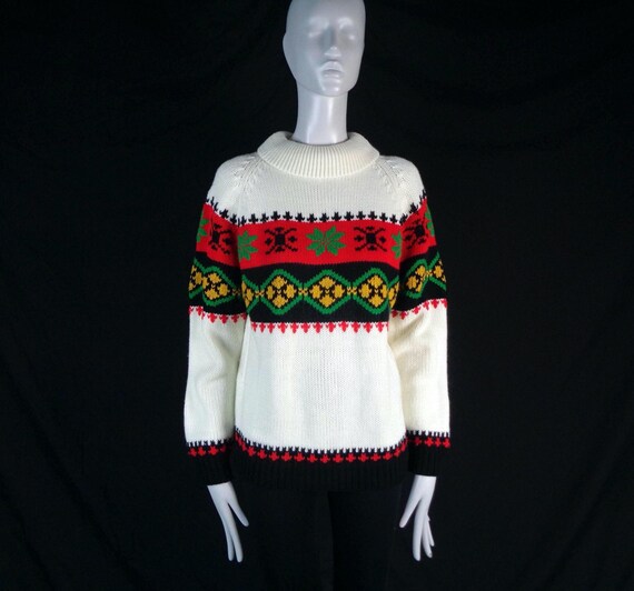Vintage 60s Turtleneck Sweater: Abstract Cable Knit Pullover Top White Black Red Green Yellow