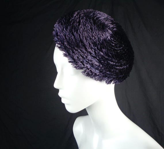 Vintage 50s Straw Raffia Pillbox Hat: Purple Velvet Band, Mid Century Half Capulet Accessory