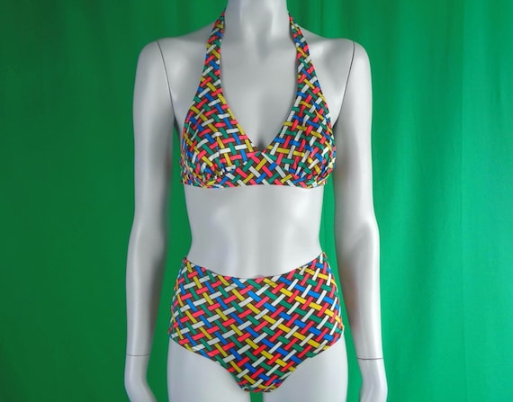 Vintage Geometric Bikini: 60s-70s Bathing Swimsuit, XS-Small Sun Top Coastal Style Beach Party Gift