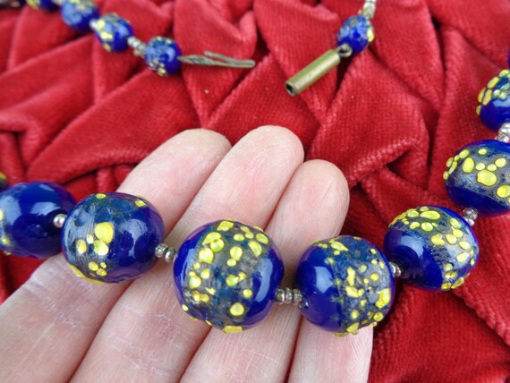 Antique Vintage Choker Necklace Jewelry 1900s Accessorie Blue Yellow Glass Bead Edwardian Victorian Venetian Aventurine Murano Fiorato Gift