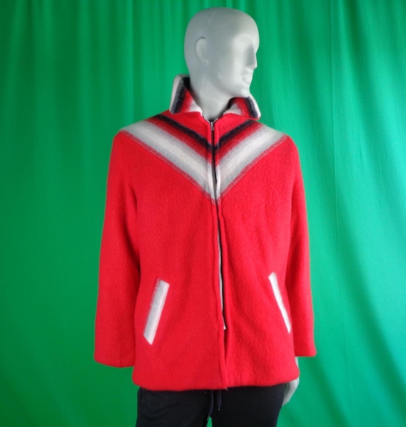 Vintage Retro Unisex Clothing Jacket Coat 1940s 1950s Mid Century Large Wool Zip Red White Gray Black Stripe Northwest Sportswear Gift