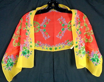 Vintage Floral Scarf: 1950s-60s Mid Century Orange Yellow Green Blue Purple Wrap Shawl Accessory