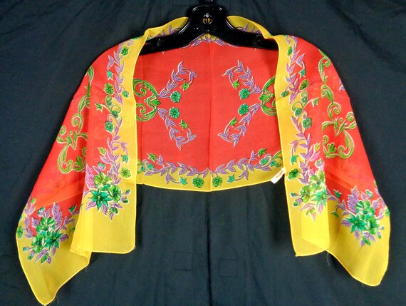 Vintage Floral Scarf: 1950s-60s Mid Century Orange Yellow Green Blue Purple Wrap Shawl Accessory