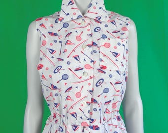 Vintage Retro Clothing Apparel Serbin Golfer Tennis M One Piece Jump Playsuit Romper 1950s 60s Mid Century Red Blue Novelty Sport-wear Gift