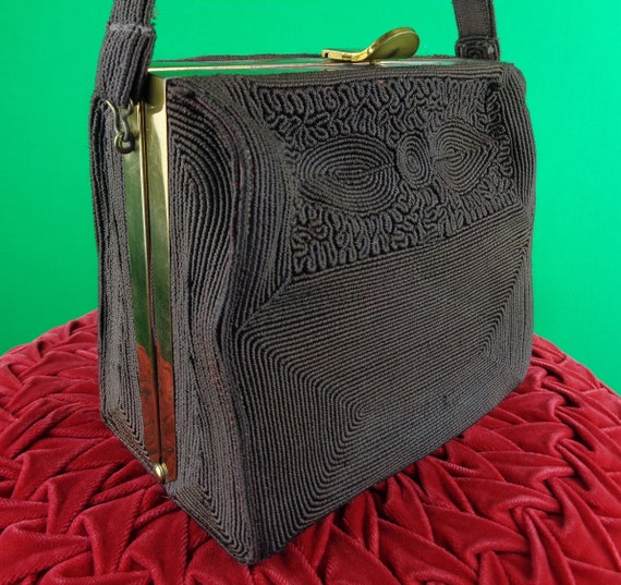 Vintage Retro Accessorie Coronet Corde Square Box Brown Purse Gold Handbag Top Handle Clutch 1930s 1940s Wedding Party Evening Formal Gift