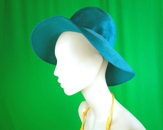 Vintage Teal Blue Mohair Floppy Hat - 1960s Mod Brim Bucket Andre Designer Gift Accessory