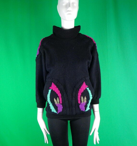 Vintage 90s Wool Blend Sweater - Black Abstract Cowl Neck Pullover Top Montreal Pink Purple
