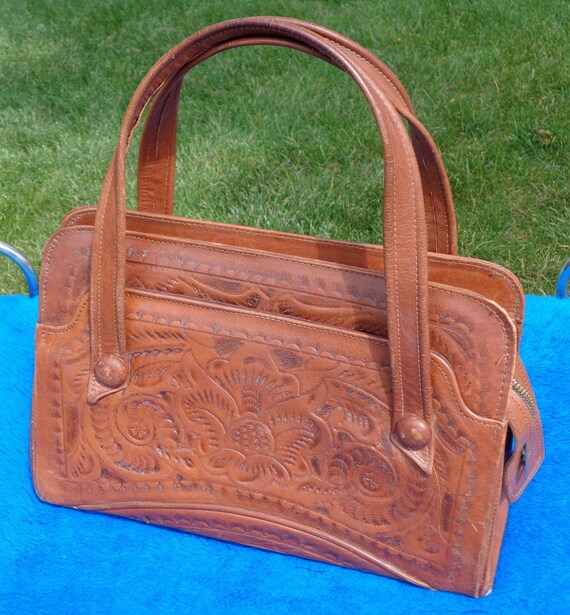 Vintage Retro Accessorie Tool Brown Leather Purse Handbag Top Handle 1960s 1970s Mid Century Flores Western Ranch Cowboy Casual Gift