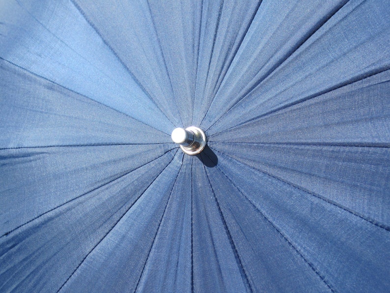 50s 60s Vintage Mid Century Retro Umbrella Womens Mens Rain Accessorie Parasol Navy Blue Nylon Plastic Metal Ring Chain Teal Handle Canpoy image 8