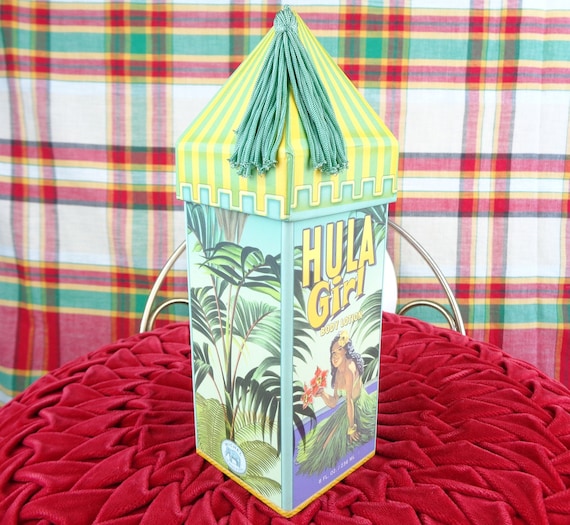 Vintage Michel Hula Girl Lotion Box, Hawaiian Decor Storage Container Trinket Gift Yellow Green