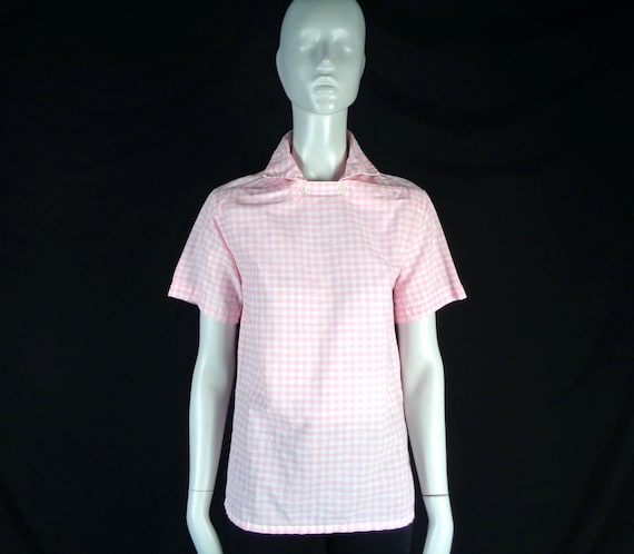 Vintage 1950s-60s Pink Check Bib Top Blouse - Eaton's of California Pullover Mid Century Shirt