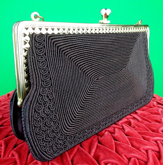 Vintage Brown Corde Handbag Purse: 1940s 50s Rectangular Chain Clutch, Gold Seal Accessory Gift