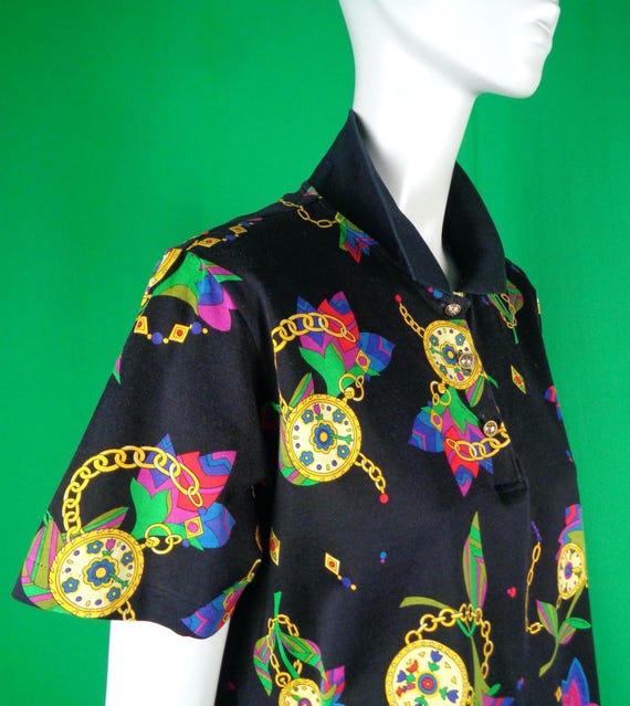 Vintage 80s-90s Graphic Polo Shirt: Chain Watch Floral Print Rhino Cero Button-up Pullover Top