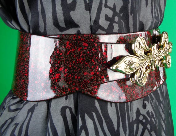 Vintage Retro Wide Patent Leather French Belt 50s 60s Mid Century S Accessorie Fleur De Lis Red Gold Black Wedding Party Formal Evening Gift