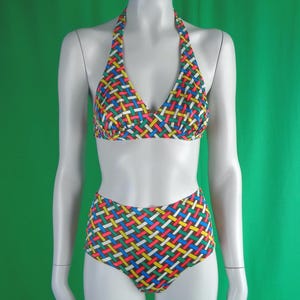 Vintage Retro Geometric Bikini Bathing Swimsuit Active Wear Sun Bra Top Short Pants 1960s 1970s CA US XS S Coastal Beach Party Gift