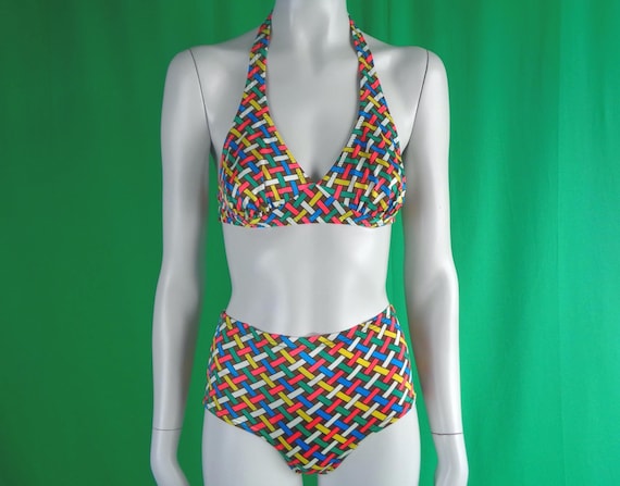Vintage Retro Geometric Bikini Bathing Swimsuit Active Wear Sun Bra Top Short Pants 1960s 1970s CA US XS S Coastal Beach Party Gift