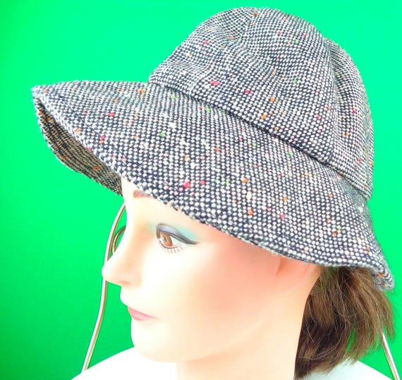 Vintage Retro Floppy Bucket Cone Sherlock Holmes Sun Capulet Hat 1960s 70s Mid Century 21" Tweed Black White Rainbow Party Gift Accessorize