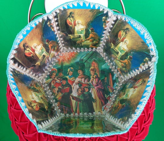 Vintage Retro Handmade Greet Cards Christmas Holiday Basket Storage Container 50s 60s Mid Century LG Crochet Nativity Home Accent Decor Gift
