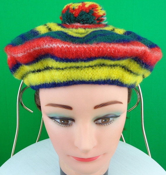 Vintage Retro Accessorie Wool Beret Tam Hat Tartan Plaid 1940s 1950s Mid Century Scottish Yellow Green Red Blue Casual Formal Costume Gift
