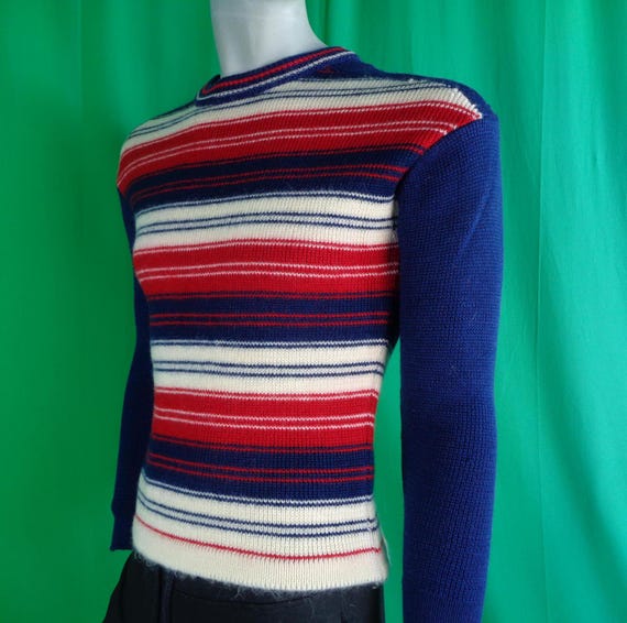 Vintage Retro Unisex Clothing Omega Pullover Sweater Cable Knitwear Top 1960s 1970s Stripe Medium Wool Blue Red White Stripe Casual Gift