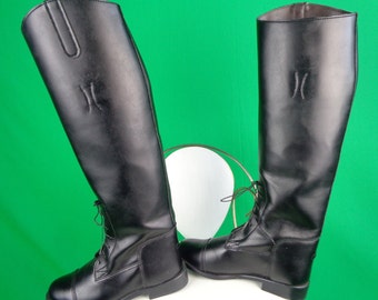 Vintage Retro Womens Girls Accessorie Equestrian Riding Boots Tall Knee High Tie Black Vinyl Flat 1990s Size 7 Euro 37 1/2 UK 5 Home Live