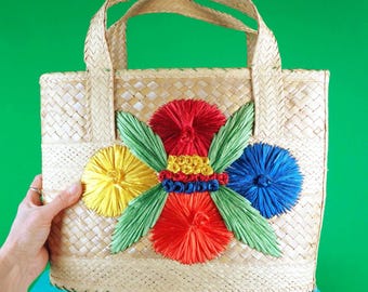 Vintage strobloemen handtas: jaren 50-60 raffia portemonnee, handvat bovenaan Market Travel Coastal Gift Accessorize