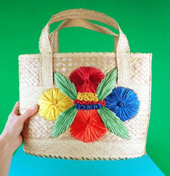 Vintage Straw Floral Handbag: 1950s-60s Raffia Purse Top Handle Market Travel Coastal Gift Accessorize