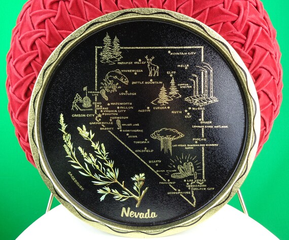 Vintage Nevada Souvenir Tin Tray: 1960s-70s Wall Plaque Mid-Century Collectible Memorabilia Decor Gift