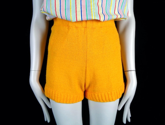 Vintage 1960s Knit Shorts - Yellow High Waist, Made in Canada Hot Pants Clothing Apparel