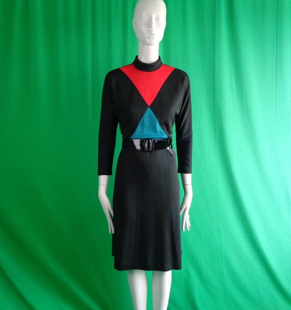 Vintage Retro Nu Mode Clothing Pullover Color Block Dress Jersey 1950s 1960s Mid Century M Black Red Blue Evening Party Formal Casual Gift