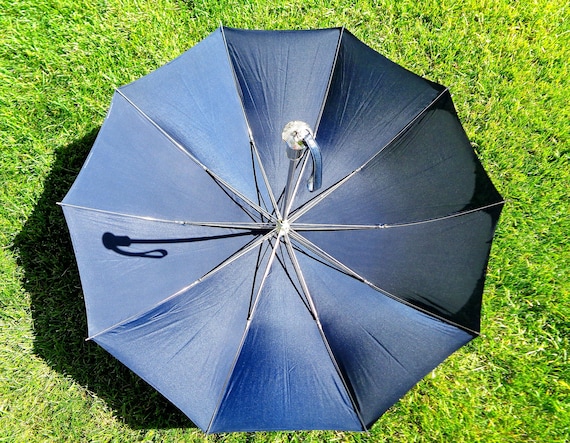 Vintage Retro Umbrella Parasol Canopy Rain Sun Accessorie 1960s 1970s Compact Mid Century Solid Navy Blue Nylon Case Wedding Party Gift