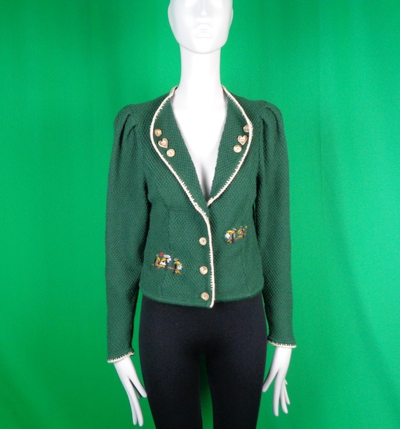 Vintage Retro Clothing Button Cardigan Sweater Top 70s 80s Austrian Drindl Green Wool M 42  Embroider Bavarian Tyrolean Trachten Casual Gift