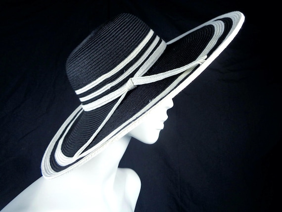 Oversized Raffia Sun Hat, Black & White Stripe Brim, Straw Hat Coastal Beach Gift