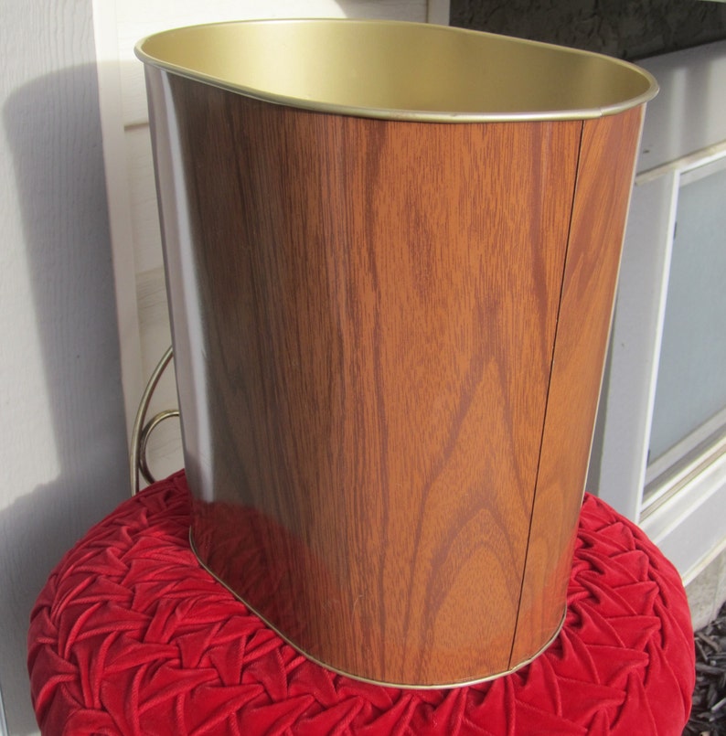 1950s 60s Vintage Mid Century Retro Brown Wood Panel Gold Metal Garbage Trash Waste Can Basket Home Office Living Decor Organization Recycle