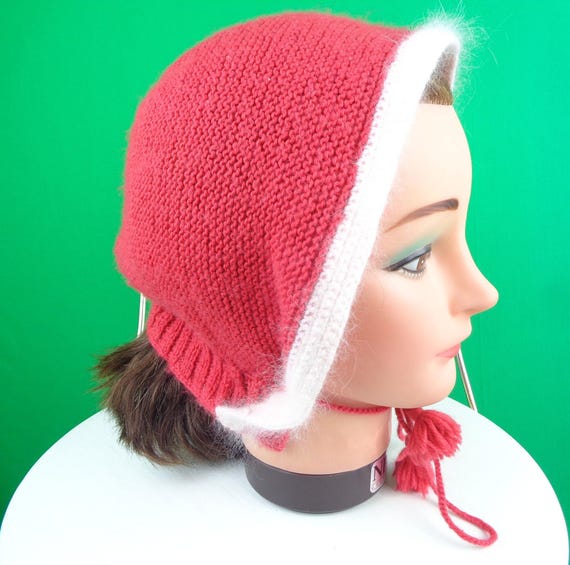 Vintage Coral Knit Angora Blend Beanie - 1950s Tie Hat with Pom Poms Hood Handmade
