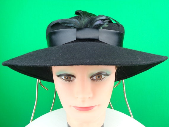 Vintage Retro EATON Large Black Bird Feather Cartwheel Brim Hat 1970s 1980s Wedding Party Formal Evening Gift Accessorie