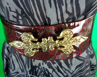 Vintage Red Patent Leather Belt: 50s 60s Mid Century Gold Fleur De Lis Accessory