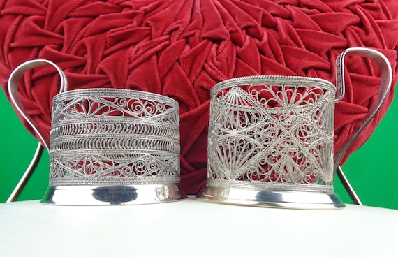Vintage Podstakannik Cup Holder Set: 1950s-60s Filigree Demitasse Ukraine Mid Century Kitchen Decor Gift