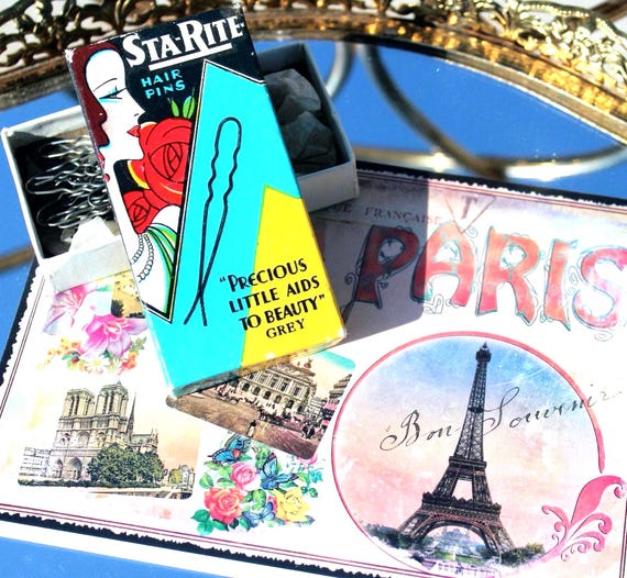 Antique Sta-Rite Bobby Pins: 1920-30s Hair Beauty Curler Styling Vintage Decorative Box Gift