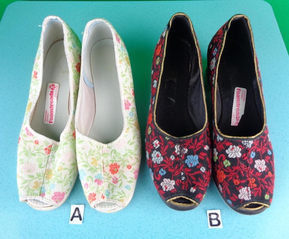 Vintage Retro Foamtreads Wedge House Bedroom Slippers Flats Shoes 60s 70s Mid Century Loungewear 6 White Pink Black Red Gift Accessorie
